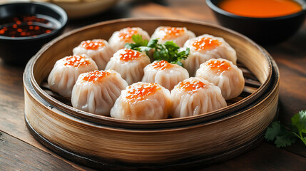 Assorted Steamed Dumplings with Vibrant Toppings and Fresh Garnishes in a Bamboo Dim Sum Basket