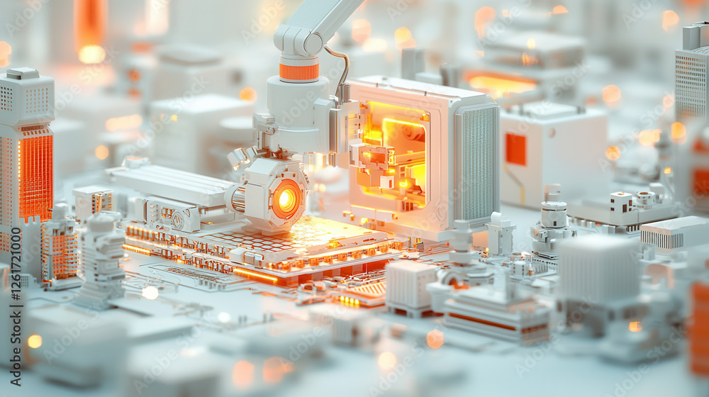 Poster futuristic robotic arm assembling high tech device in modern environment. scene showcases advanced t