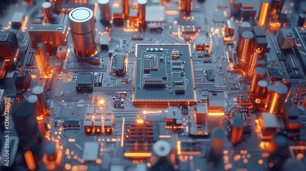 Poster close up view of futuristic circuit board with glowing components, showcasing advanced technology an