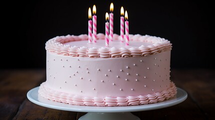 Simple birthday cake a?" A plain yet elegant buttercream birthday cake with soft pink frosting, piped edges, and a single "Happy Birthday" topper.