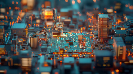 Obraz premium Futuristic robotic arms assembling high tech circuit board in vibrant cityscape. scene showcases advanced technology and urban development