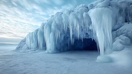 Frozen Majesty, Icicles Adorning a Coastal Cliffside Cave in Winter