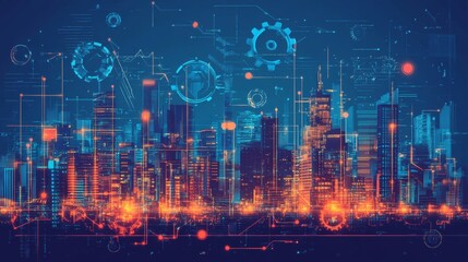 A Futuristic Cityscape with Glowing Neon Lights and Abstract Representations of Gears Turning and Sparks Flying