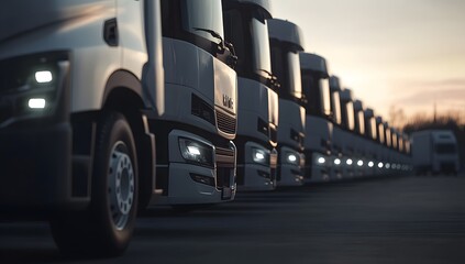 Fototapeta premium Fleet of trucks parked at sunset
