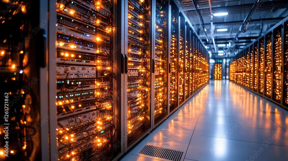 Poster high tech data center with glowing servers, showcasing advanced technology and infrastructure