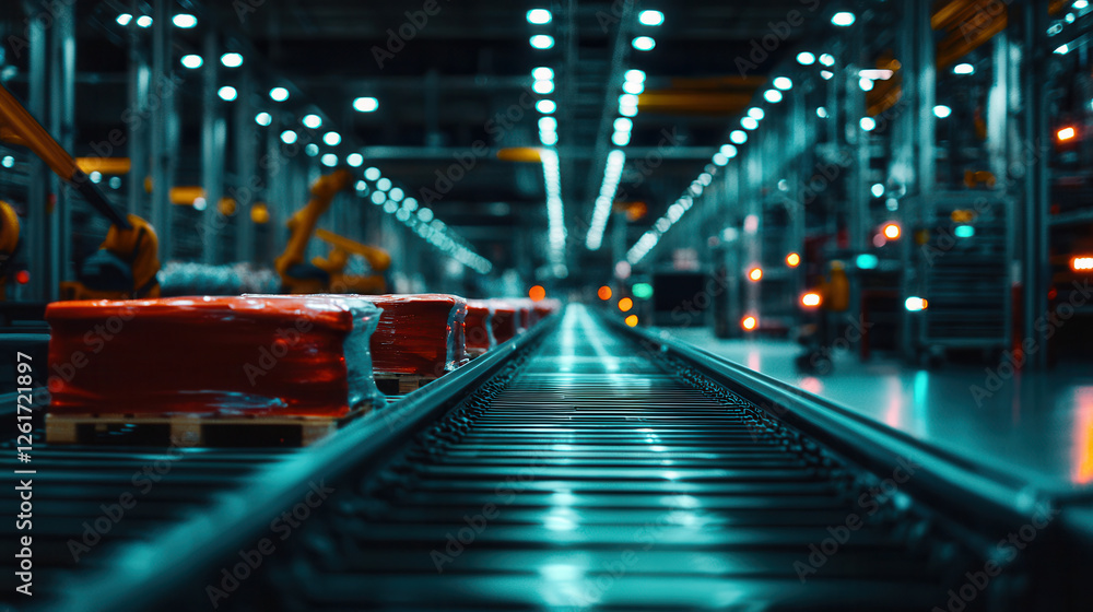 Aufkleber high tech factory with conveyor belts, robotic arms, and pallets. efficient automation enhances prod