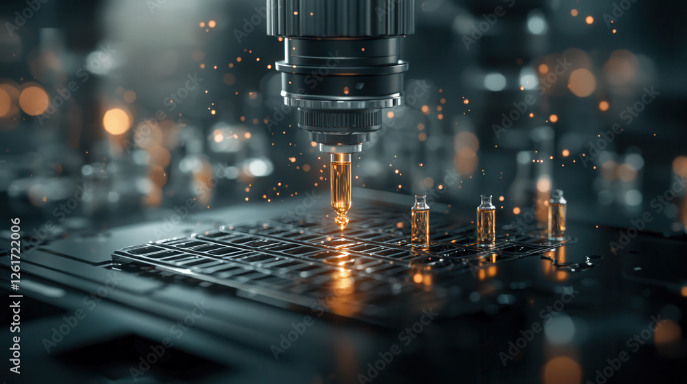 Poster high tech laboratory with automated machines and liquid dispensing