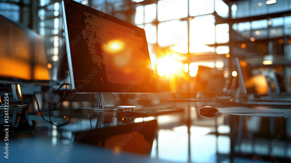 Poster high tech workspace with automated desks and glowing monitors at sunset