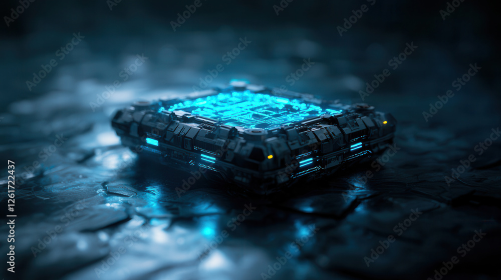 Aufkleber futuristic, hyper realistic 3d render of self learning ai device with glowing blue lights, showcasin
