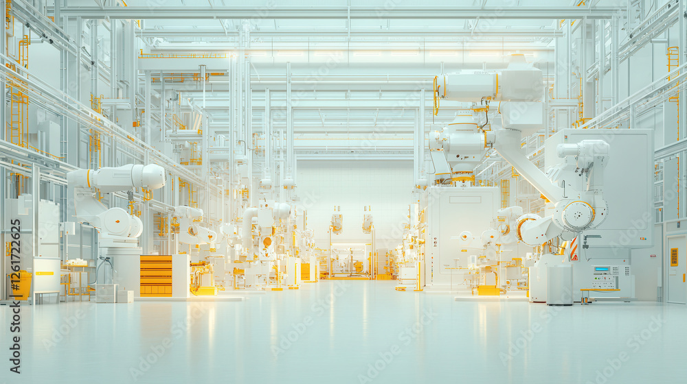 Poster modern digital manufacturing center featuring advanced robotic systems and automation technology, sh
