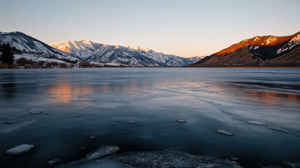 frozen lake reflects snow covered mountains at sunset, creating serene landscape