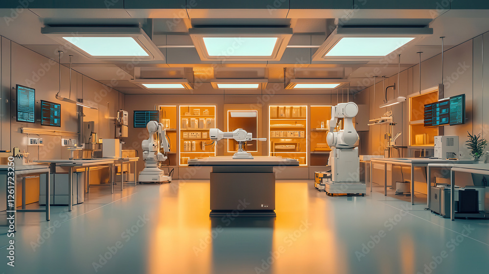 Poster innovative robotic innovation hub featuring interactive digital displays and advanced technology. mo