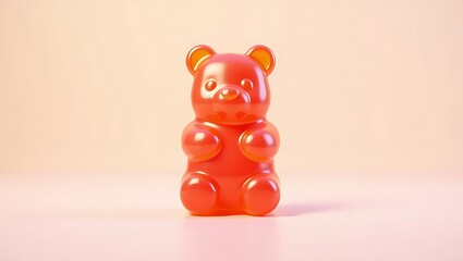 A single red gummy bear candy sits on a pale background