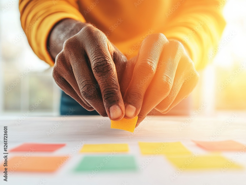 Poster contemporary workspace insight hands arranging vibrant sticky notes on desk - strategic market analy
