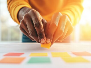 Contemporary Workspace Insight Hands Arranging Vibrant Sticky Notes on Desk - Strategic Market Analysis and Data Visualization for Innovative Business Solutions