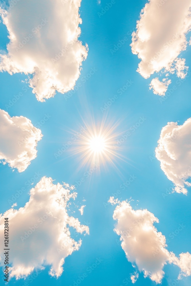 Poster ethereal cumulus cloudscape sunlit skies with scattered clouds - atmospheric visualization for eco d