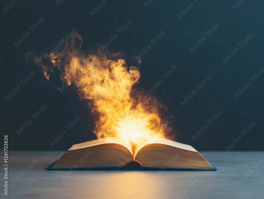 Poster mystical storytelling illuminated magical book with ethereal flames and floating particles - enchant