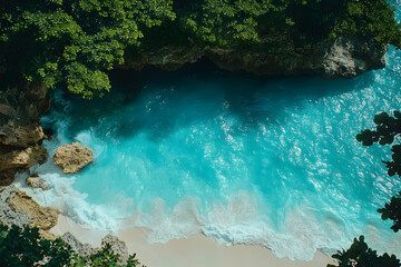 High Angle View Of Turquoise Beach With Lush Foliage And Rocks