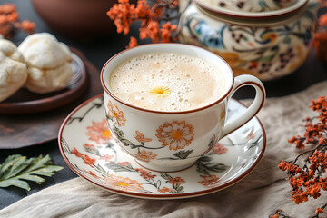 Fototapeta premium A close-up of a steaming cup of chamomile tea surrounded by sparkling golden light, with floating dried chamomile flowers and a faint aura of mysticism.