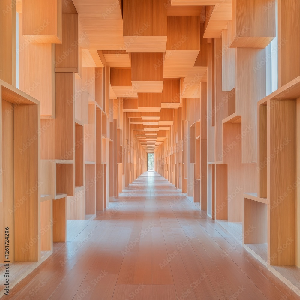 Poster Immersive Minimalist Library Design Symmetrical Wooden Bookshelves for Modern Education Spaces - Intellectual Sanctuary and Knowledge Hub in Minimalist Architecture