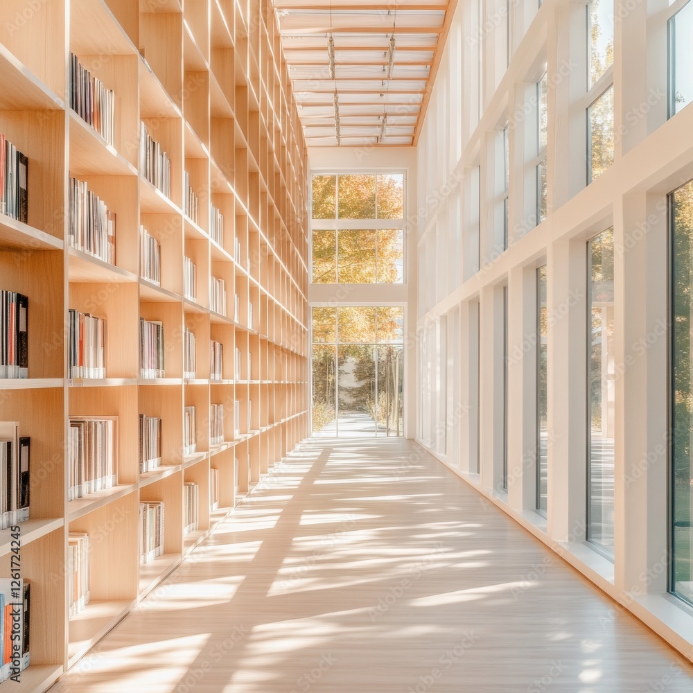 Aufkleber minimalist library interior floor-to-ceiling wooden bookshelves with reading nooks educational desig