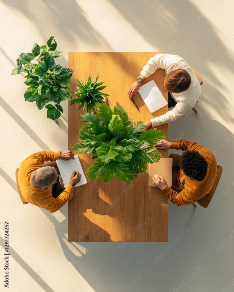 Fototapete Minimalist Collaborative Workspace Wooden Table with Greenery, Notebooks and Diverse Team - Enhancing Peer Engagement and Creative Problem Solving in Modern Education Settings