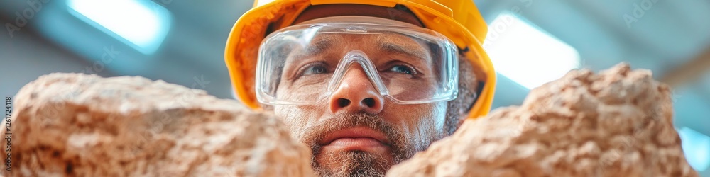 Poster geoscience innovation rugged rock examination with protective gear in industrial setting - advanced 