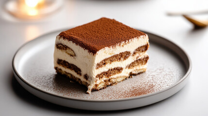 delicious slice of tiramisu with creamy layers and cocoa dusting