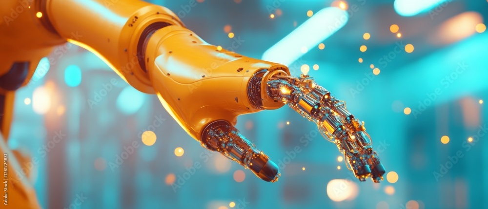 Aufkleber futuristic industrial automation robotic arm with metallic components and neon sparks - cutting-edge