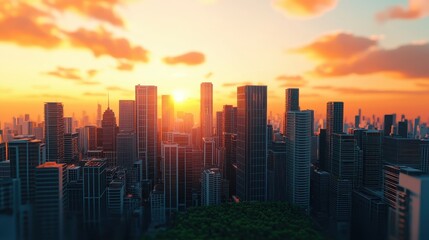 A stunning city skyline at sunset, showcasing towering skyscrapers against a colorful sky, embodying urban beauty and tranquility.