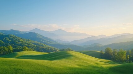 Fototapeta premium Tranquil sunrise over rolling hills nature landscape mountainous valley serene environment aerial view peaceful concept