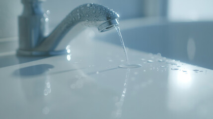 A close-up of a leaking faucet, dripping water steadily onto a white porcelain sink. The image captures the delicate, reflective water droplets, creating a visual representation of urgency.
