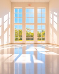 Fototapeta premium Contemporary Healthcare Design Sunlit Hospital Corridor with Minimalist Architecture and Polished Floors - Enhancing Professional Care Spaces for Modern Medical Environments