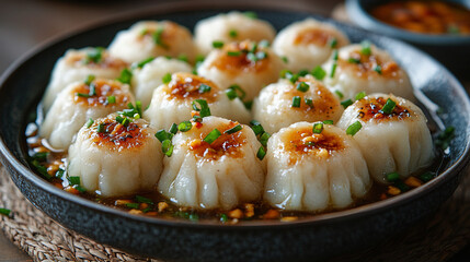 Freshly Steamed Dumplings with a Crispy Bottom, Topped with Chili Flakes and Chopped Herbs