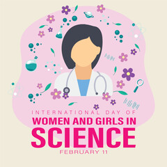 International Day of Women and Girls in Science design. Creative design with a silhouette of a woman scientist holding a test tube, Women, girls, and science day design.