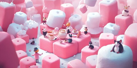 Animals enjoying a tea party in a marshmallow world