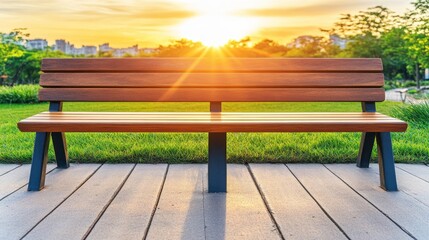 Obraz premium Sunset serenity empty wooden bench in urban park nature scene tranquil environment scenic view