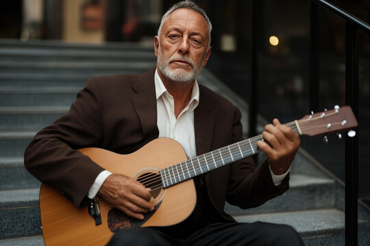 Elderly Man in Suit Playing Acoustic Guitar on Steps