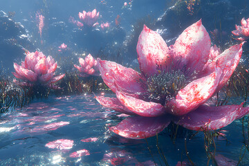 In a lush, secluded garden, vibrant flowers with glittering petals exude an aura of enchantment and intrigue.