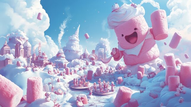 Whimsical marshmallow world with a giant marshmallow chef character
