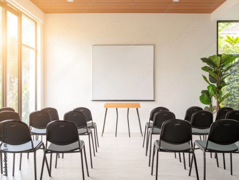 Poster minimalist modern meeting space sleek presentation whiteboard and black chairs in rows - professiona