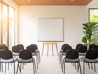 Minimalist Modern Meeting Space Sleek Presentation Whiteboard and Black Chairs in Rows - Professional Development and Knowledge Sharing for Corporate Training