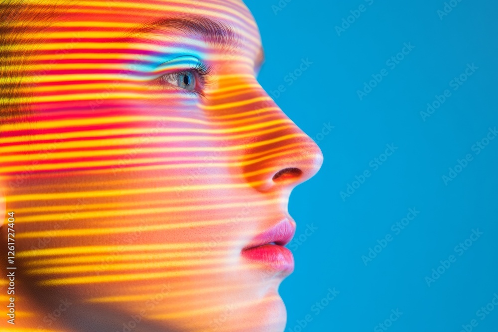 Poster vivid light patterns on skin vibrant portrait in dynamic color stripes - innovative visuals for cont