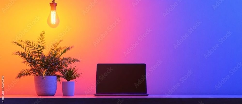 Fototapete vibrant digital workspace ambient lighting with sleek laptop and greenery on minimalist desk enhanci