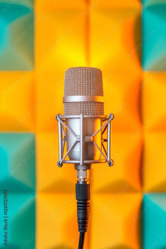 Poster contemporary audio setup professional condenser microphone on boom arm against colorful acoustic pan