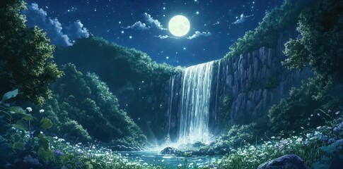 Waterfall plunges under a full moon amid lush greenery