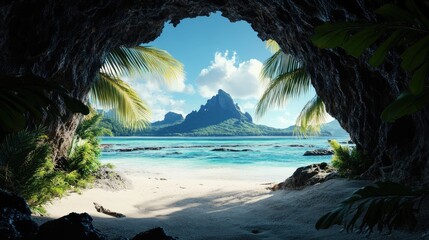 Fototapeta premium A hidden cave with an opening leading to a beautiful, unspoiled landscape.