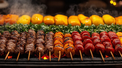 Succulent Grilled Meat and Vegetable Kebabs Over a Hot Charcoal Fire for a Flavorful Barbecue