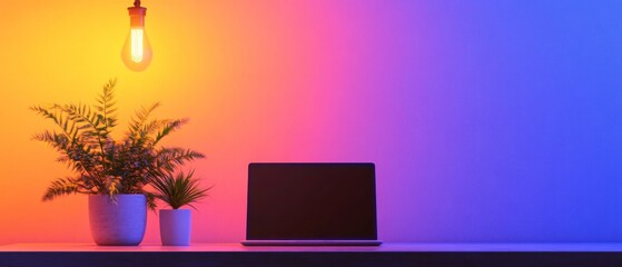 Vibrant Digital Workspace Ambient Lighting with Sleek Laptop and Greenery on Minimalist Desk Enhancing Remote Collaboration and Virtual Learning in Modern Home Offices