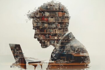 Double Exposure of Man Using Laptop with Bookshelf Silhouette in Creative Workspace